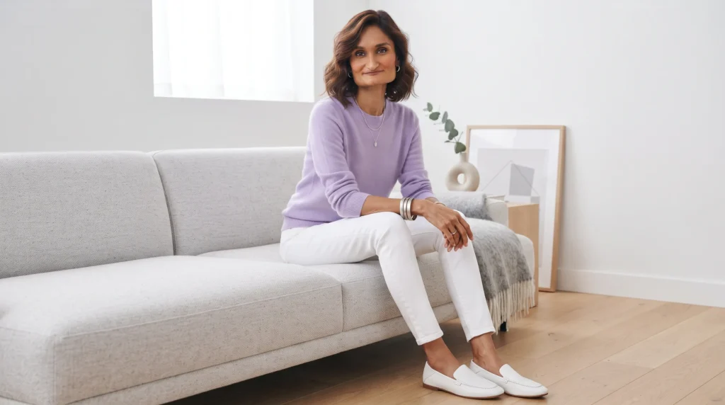 15 Best White Jeans Outfit Ideas for 2026 12 11 White jeans outfit with lavender cashmere sweater and white loafers