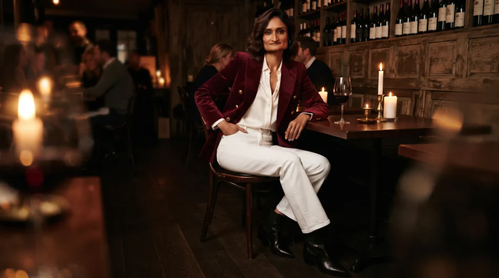 15 Best White Jeans Outfit Ideas for 2026 13 12 White jeans outfit with burgundy velvet blazer and silk blouse