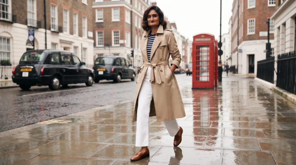 15 Best White Jeans Outfit Ideas for 2026 14 13 White jeans outfit with beige trench coat and striped tee