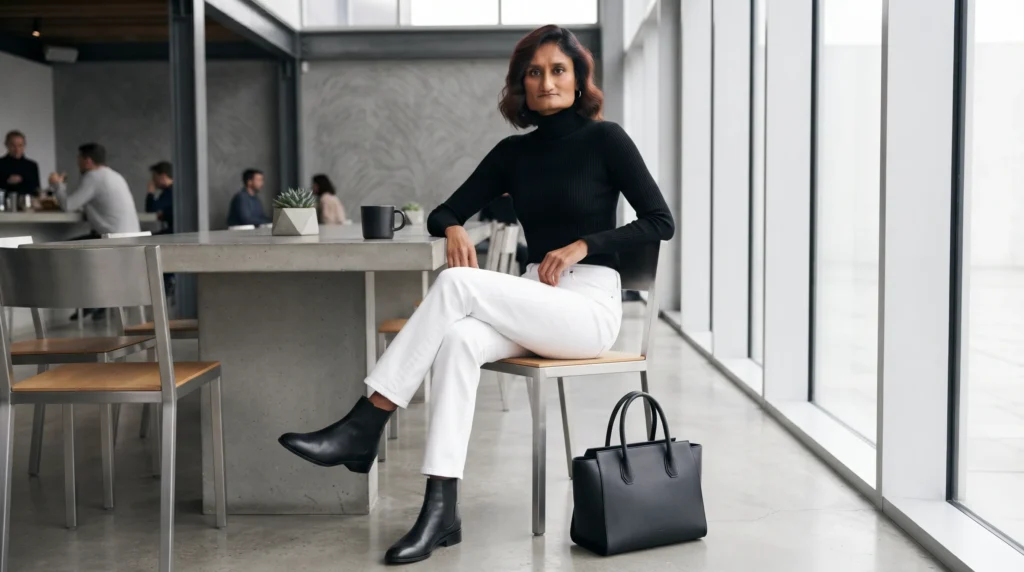 15 Best White Jeans Outfit Ideas for 2026 15 14 White jeans outfit with black turtleneck and leather boots