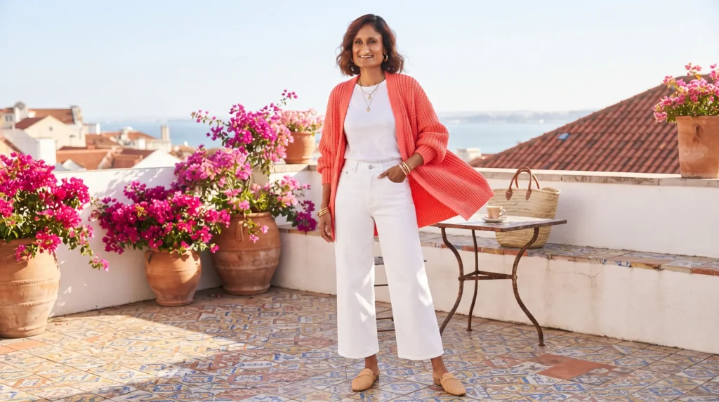 15 Best White Jeans Outfit Ideas for 2026 16 15 White jeans outfit with coral cardigan and tan mules