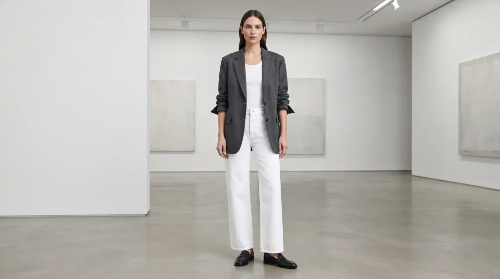 15 Best White Jeans Outfit Ideas for 2026 3 White jeans outfit with oversized grey blazer and black loafers