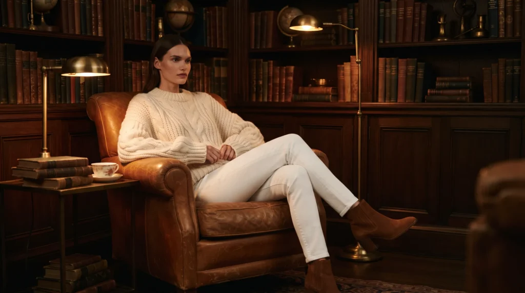 15 Best White Jeans Outfit Ideas for 2026 4 White jeans outfit with cream cable-knit sweater and cognac boots