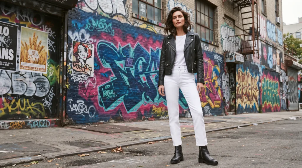 15 Best White Jeans Outfit Ideas for 2026 5 4 White jeans outfit with black leather jacket and ankle boots