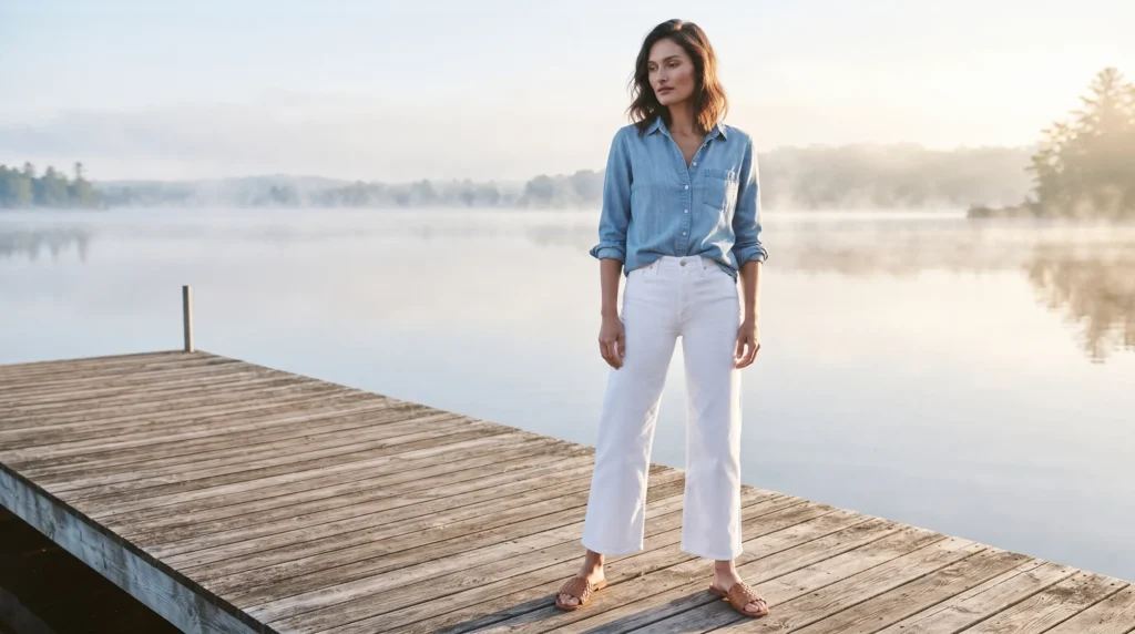 15 Best White Jeans Outfit Ideas for 2026 6 White jeans outfit with chambray shirt and tan sandals by water
