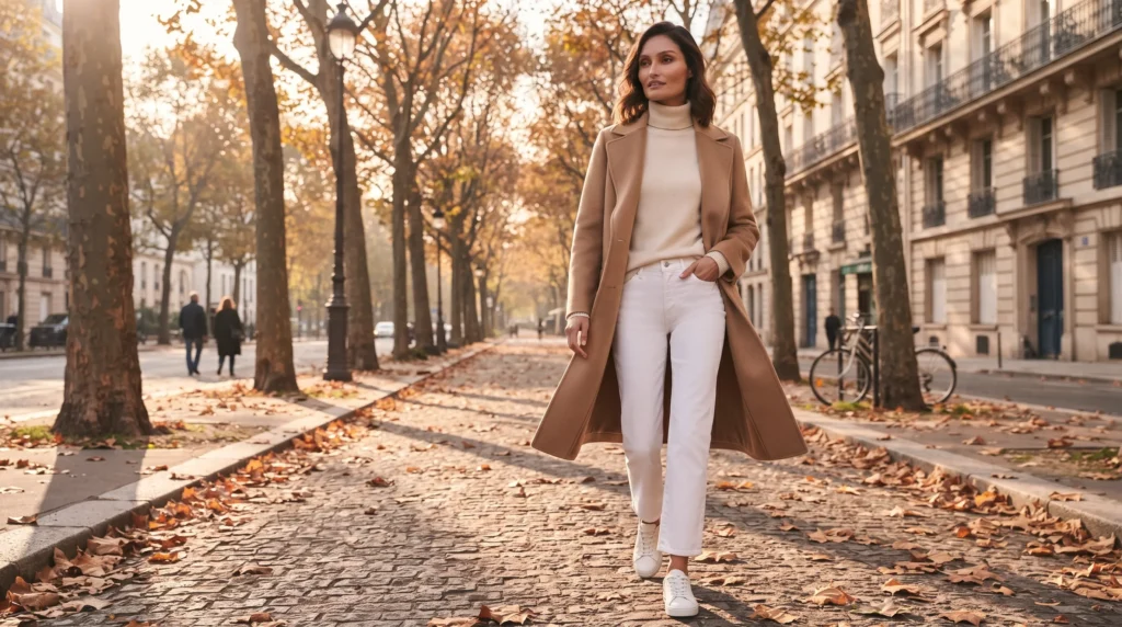 15 Best White Jeans Outfit Ideas for 2026 7 White jeans outfit with camel wool coat and cream turtleneck