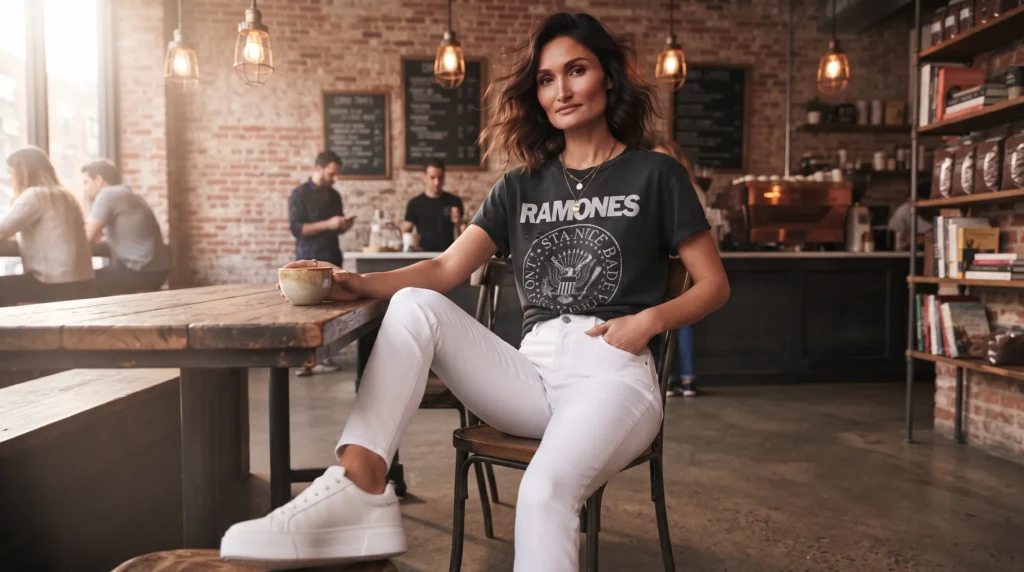 15 Best White Jeans Outfit Ideas for 2026 8 7 White jeans outfit with vintage graphic tee and platform sneakers