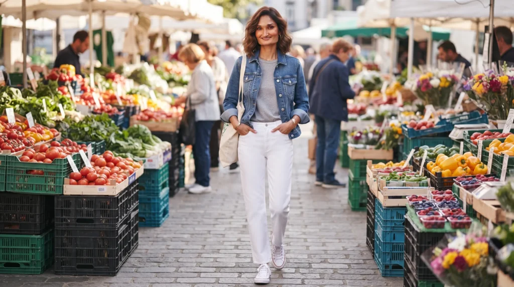 15 Best White Jeans Outfit Ideas for 2026 10 9 White jeans outfit with denim jacket and grey tee at market