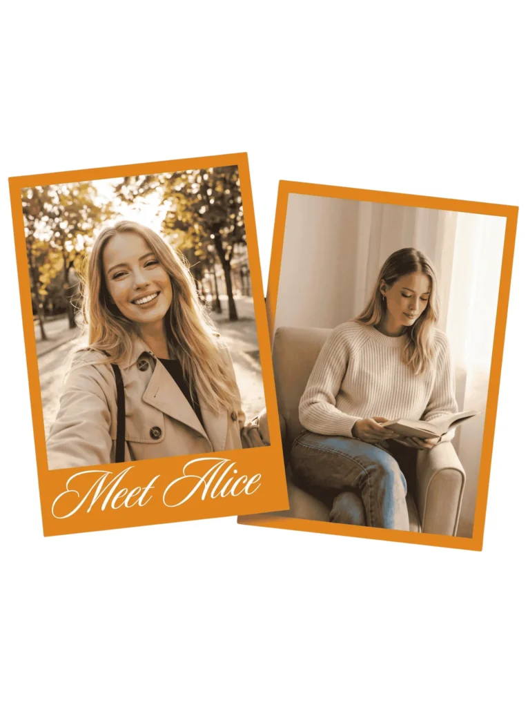 About Us 2 Two overlapping photo prints with orange borders. The photo on the left shows a smiling woman with long blonde hair outdoors in a park wearing a beige trench coat, with text at the bottom reading "Meet Alice". The photo on the right shows the same woman sitting in an armchair indoors, wearing a cream-colored sweater and reading a book.