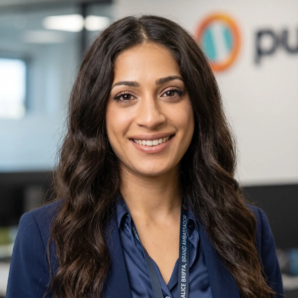 About Us 1 A professional headshot of a smiling woman with long, dark wavy hair, wearing a dark blue blazer over a blue collared shirt. She is wearing a dark blue lanyard with white text that reads "ALICE BRIFFA, BRAND AMBASSADOR". She is standing in a blurred office environment with a partial company logo visible in the background.