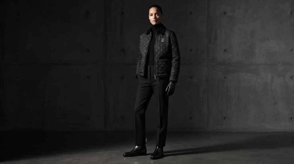 17 Stunning Burberry Quilted Jacket Outfits for 2026 9 Burberry quilted jacket in all-black monochrome outfit