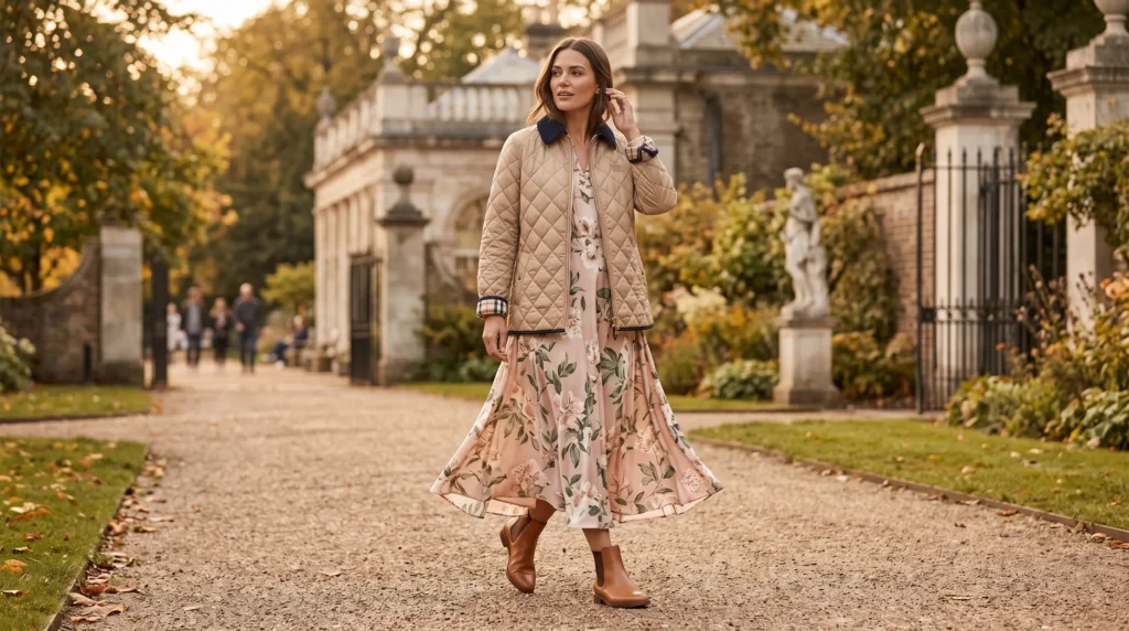17 Stunning Burberry Quilted Jacket Outfits for 2026 3 Burberry quilted jacket layered over floral midi dress for spring