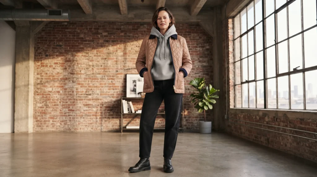 17 Stunning Burberry Quilted Jacket Outfits for 2026 7 Burberry quilted jacket layered over grey hoodie for casual street style