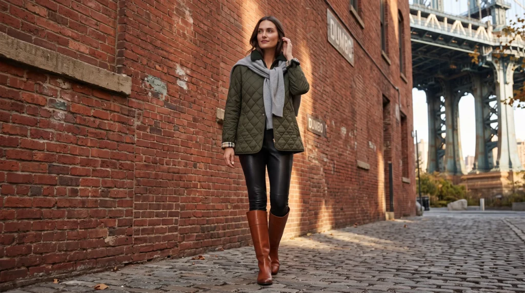 17 Stunning Burberry Quilted Jacket Outfits for 2026 5 Burberry quilted jacket paired with leggings and tall riding boots