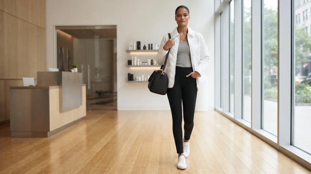 17 Stunning Burberry Quilted Jacket Outfits for 2026 12 Burberry quilted jacket paired with yoga pants and tank for athleisure