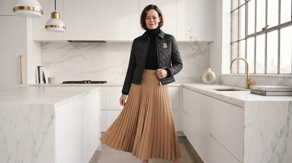 17 Stunning Burberry Quilted Jacket Outfits for 2026 8 Burberry quilted jacket with pleated midi skirt and turtleneck