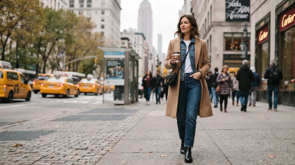 19 Best NYC Fall Outfits to Wear in 2026 6 NYC fall outfit layering denim jacket under camel coat with jeans