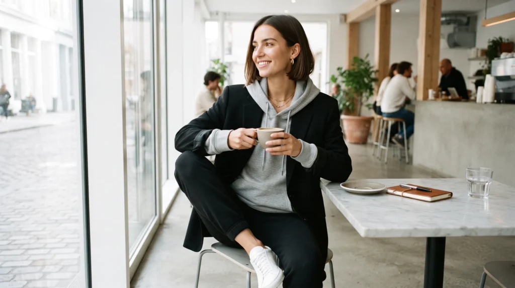 19 Best NYC Fall Outfits to Wear in 2026 14 NYC fall outfit layering hoodie under black blazer with joggers
