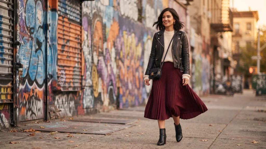 19 Best NYC Fall Outfits to Wear in 2026 3 NYC fall outfit mixing leather jacket with burgundy pleated midi skirt