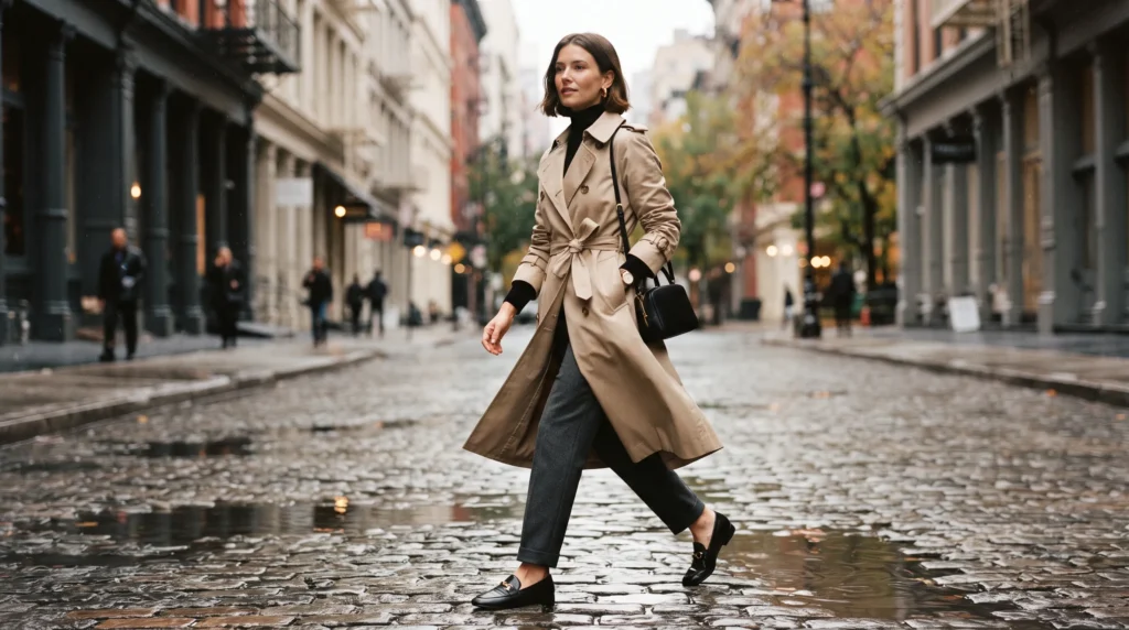19 Best NYC Fall Outfits to Wear in 2026 2 NYC fall outfit with beige trench coat, turtleneck, and grey trousers
NYC fall outfits