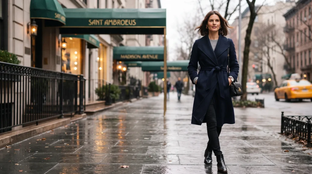 19 Best NYC Fall Outfits to Wear in 2026 19 NYC fall outfit with belted navy wrap coat and black jeans