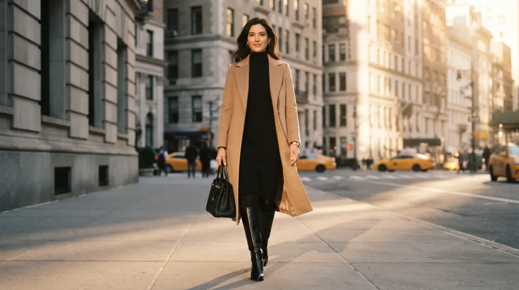 19 Best NYC Fall Outfits to Wear in 2026 13 NYC fall outfit with camel wool coat and knee-high boots