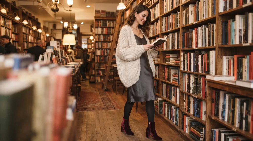 19 Best NYC Fall Outfits to Wear in 2026 8 NYC fall outfit with cream cardigan over slip dress and boots