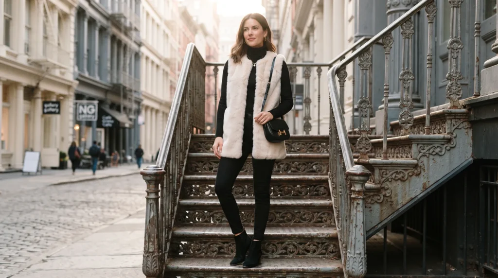 19 Best NYC Fall Outfits to Wear in 2026 10 NYC fall outfit with cream faux fur vest over black turtleneck