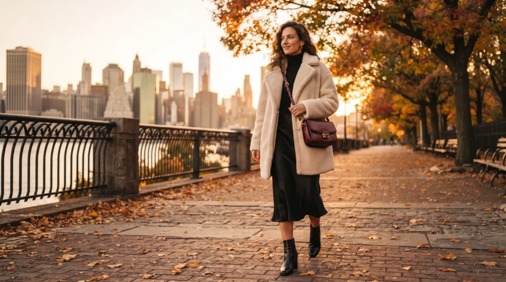 19 Best NYC Fall Outfits to Wear in 2026 20 NYC fall outfit with cream teddy coat and black satin midi skirt