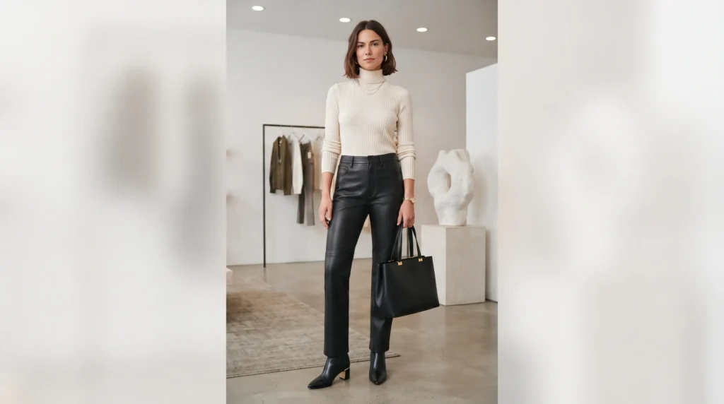 19 Best NYC Fall Outfits to Wear in 2026 16 NYC fall outfit with cream turtleneck and black leather pants