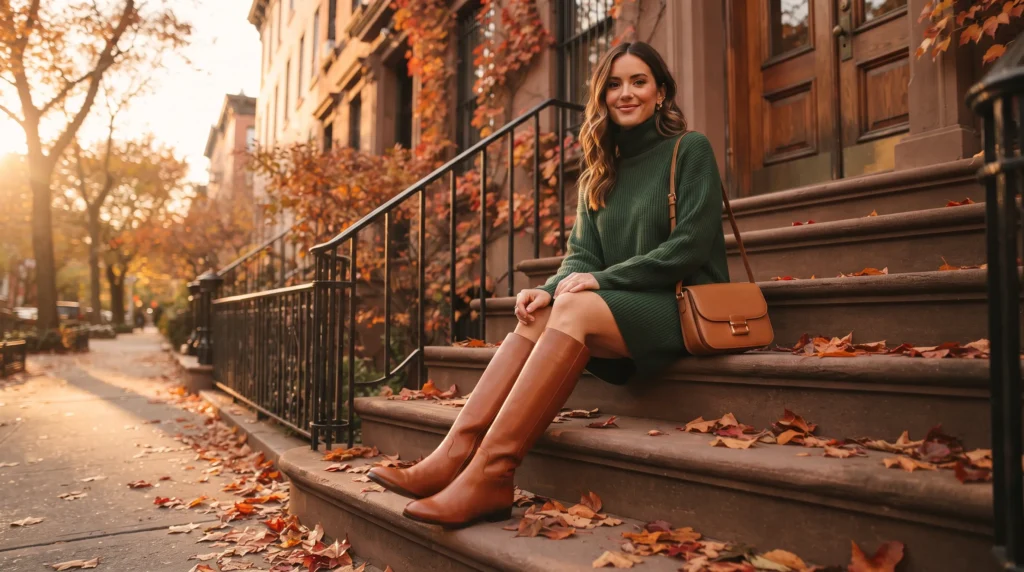 19 Best NYC Fall Outfits to Wear in 2026 5 NYC fall outfit with green sweater dress and cognac tall boots