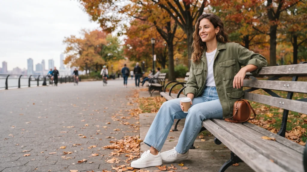 19 Best NYC Fall Outfits to Wear in 2026 9 NYC fall outfit with olive utility jacket and wide-leg jeans