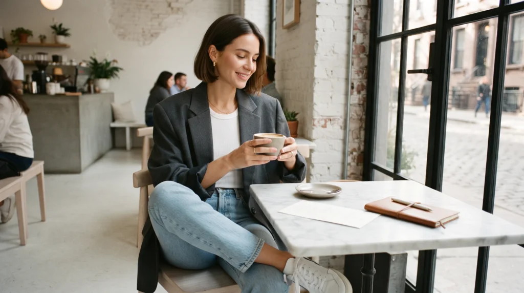 19 Best NYC Fall Outfits to Wear in 2026 4 NYC fall outfit with oversized grey blazer, jeans, and white sneakers