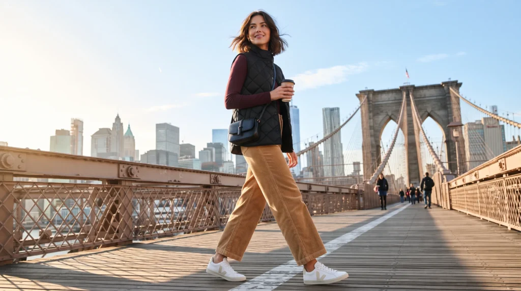 19 Best NYC Fall Outfits to Wear in 2026 12 NYC fall outfit with puffer vest and tan corduroy pants