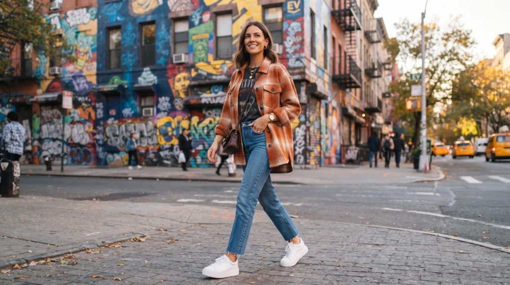 19 Best NYC Fall Outfits to Wear in 2026 18 NYC fall outfit with rust shacket over graphic tee and jeans
