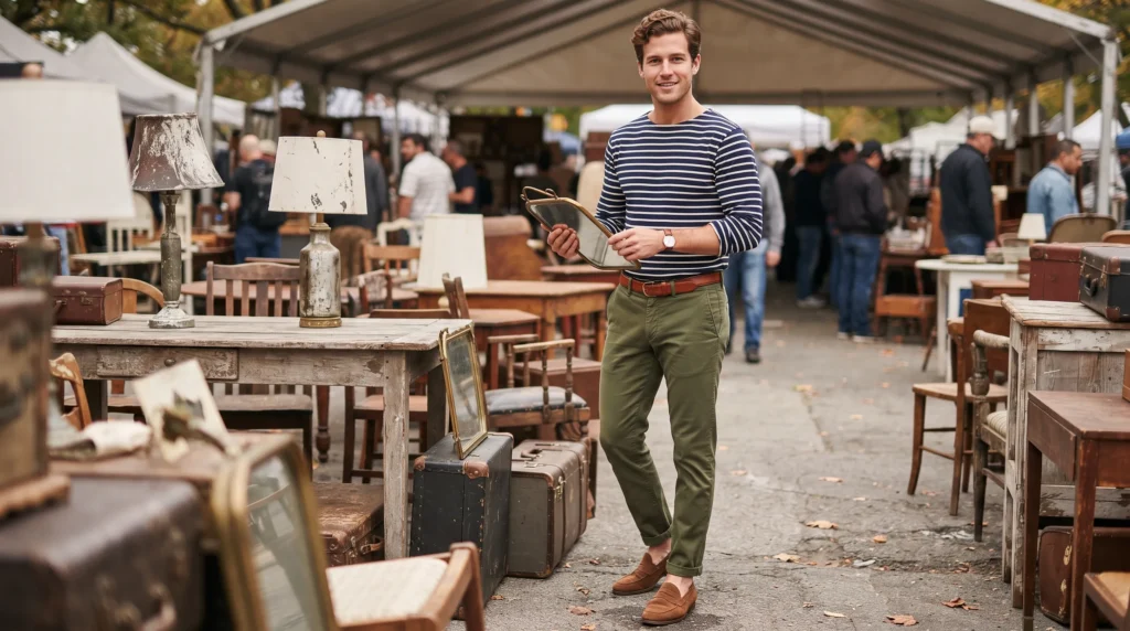 19 Best NYC Fall Outfits to Wear in 2026 17 NYC fall outfit with striped shirt and olive chino pants