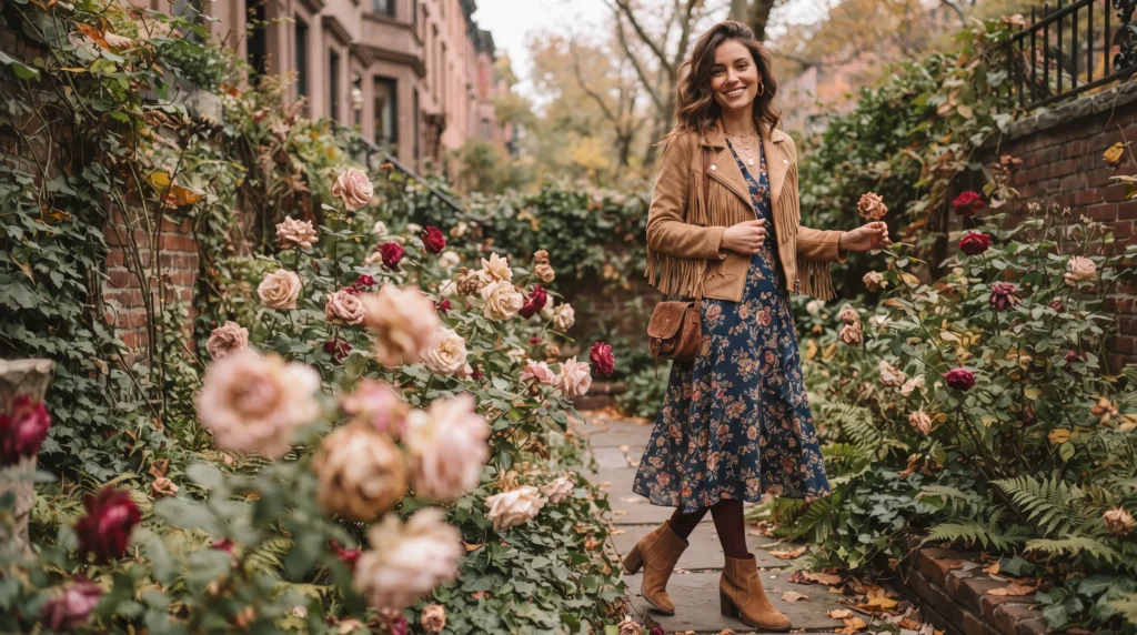19 Best NYC Fall Outfits to Wear in 2026 15 NYC fall outfit with tan suede jacket over floral midi dress