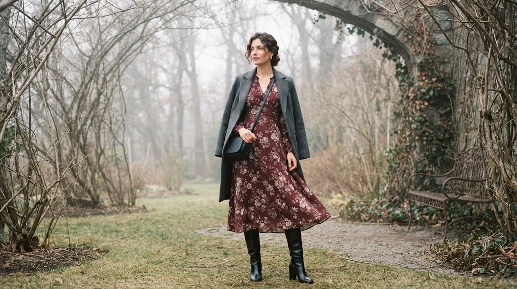 Burgundy floral midi dress with knee high boots in romantic garden setting
