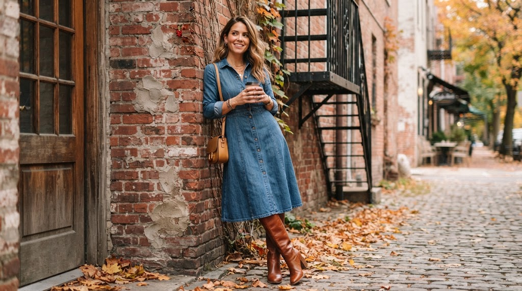 Denim dress styled with cognac knee high boots for casual fall outfit