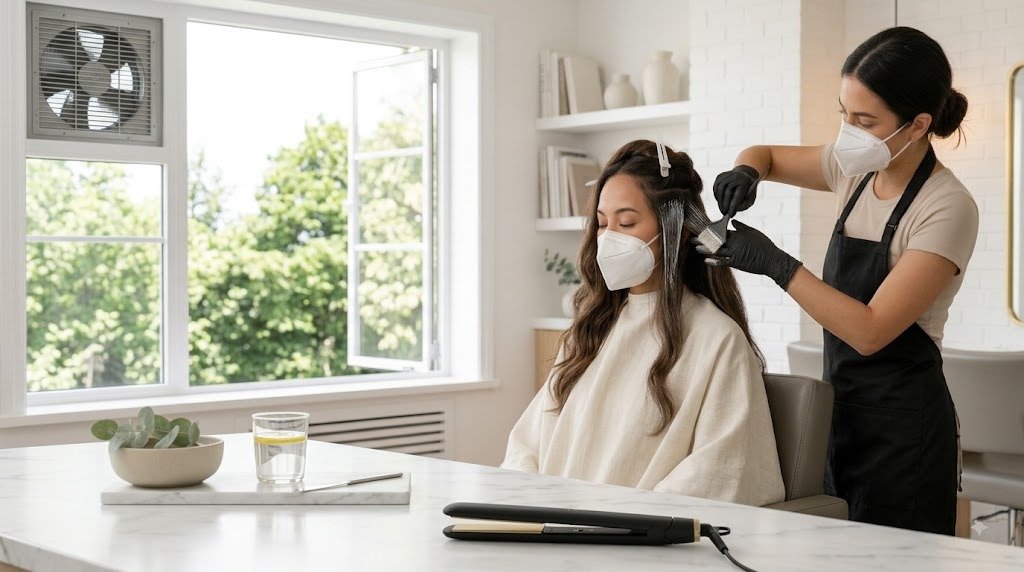 Well-ventilated salon space with safety equipment for keratin treatments