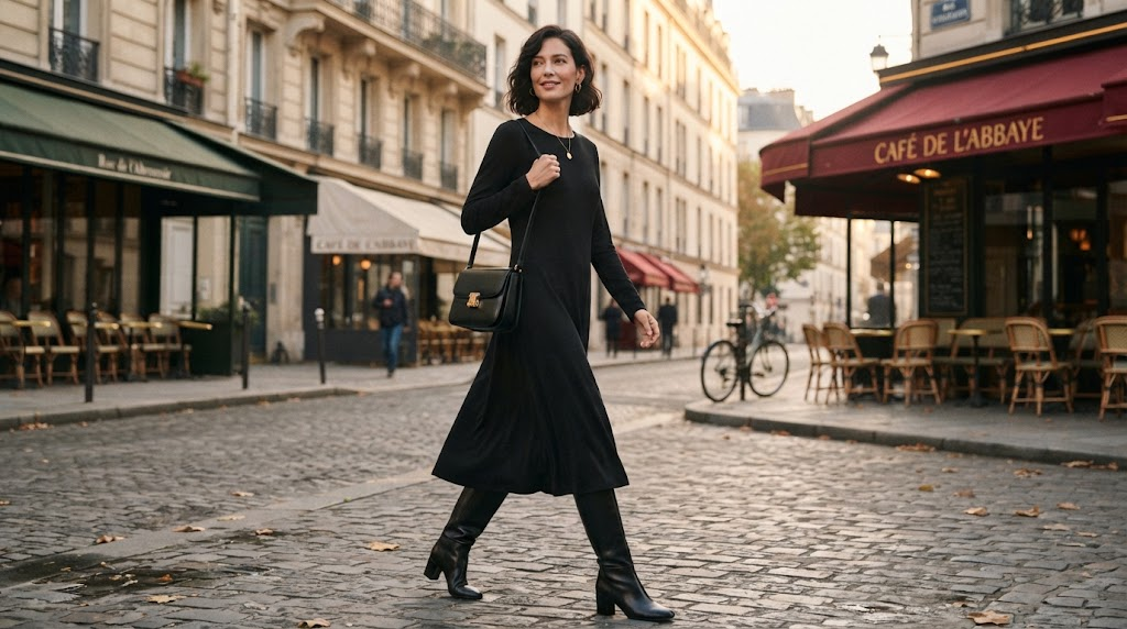 Black midi dress with leather knee high boots Parisian street style