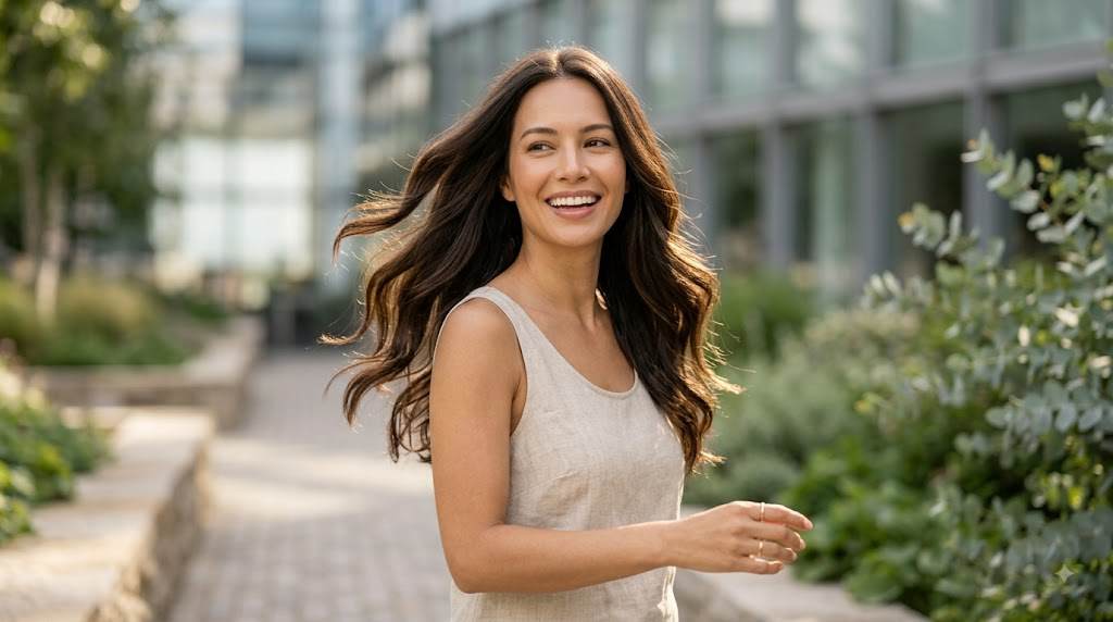 Woman researching and evaluating keratin treatment costs and health risks