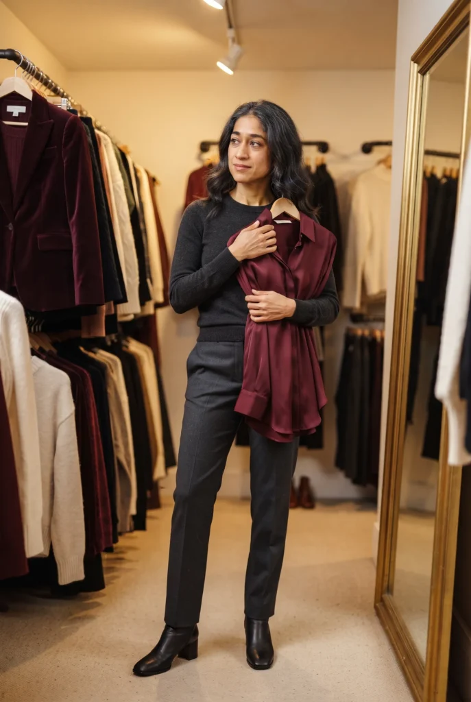 Christmas Outfits For Ladies Over 40: Best Essential Looks for Every Holiday Plan 3 Woman choosing pieces in a boutique for christmas outfits for ladies over 40