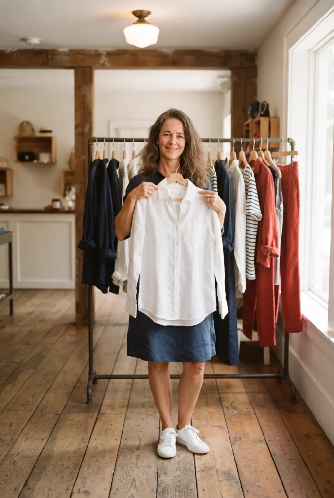 Fourth of July Outfits for Women Over 40 That Look Best and Feel Easy 3 Woman over 40 browsing a boutique rack of navy, white, and red summer clothes