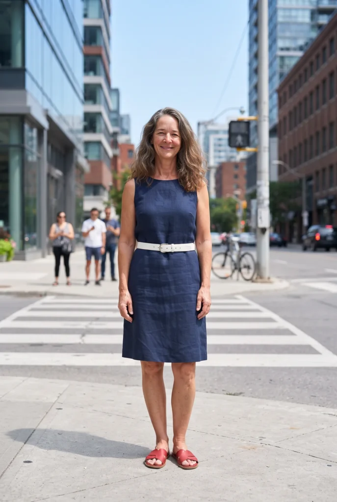 Fourth of July Outfits for Women Over 40 That Look Best and Feel Easy 4 Fourth of July outfits for women over 40 with navy dress, white belt, and red sandals