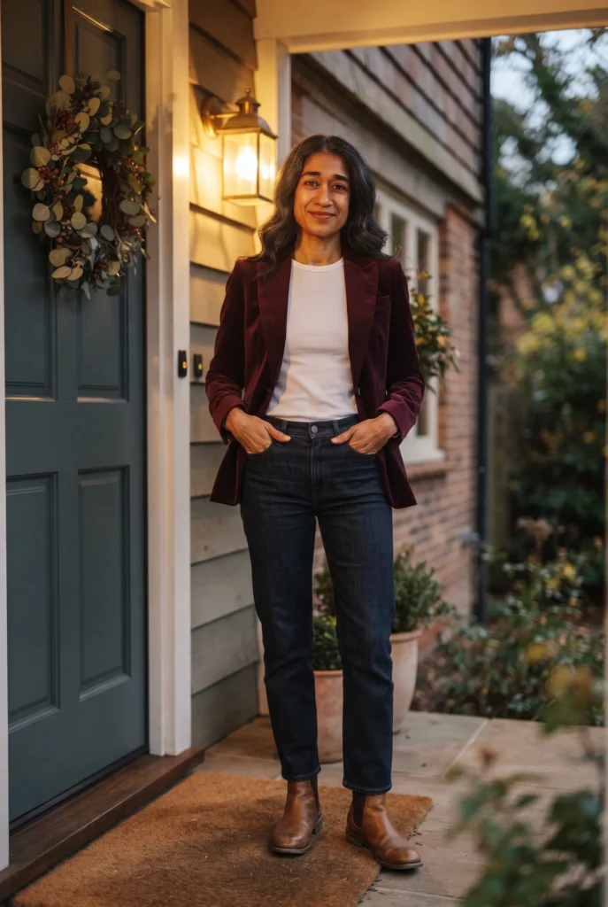 Christmas Outfits For Ladies Over 40: Best Essential Looks for Every Holiday Plan 4 Woman in a burgundy velvet blazer and jeans at her front door