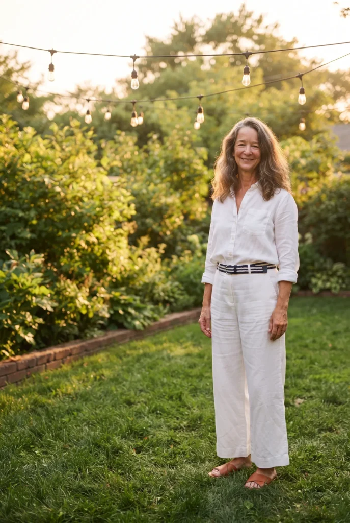 Fourth of July Outfits for Women Over 40 That Look Best and Feel Easy 5 White linen set on a woman over 40 at an outdoor cookout
