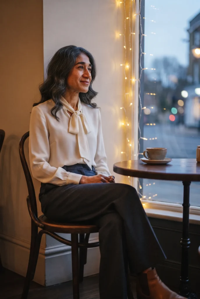 Christmas Outfits For Ladies Over 40: Best Essential Looks for Every Holiday Plan 5 Woman in an ivory blouse and wool trousers at a cafe table