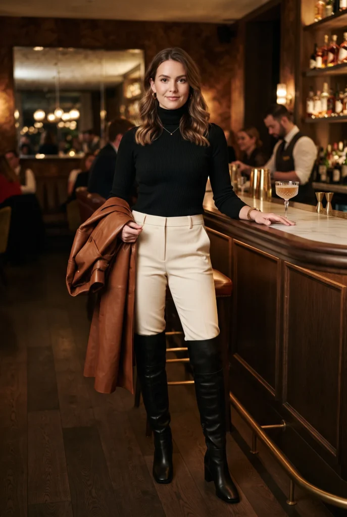 7 Best Outfits for Thigh High Boots Night Out 4 Woman in tailored trousers tucked into thigh-high boots, evening restaurant setting, polished trouser styling for night out.