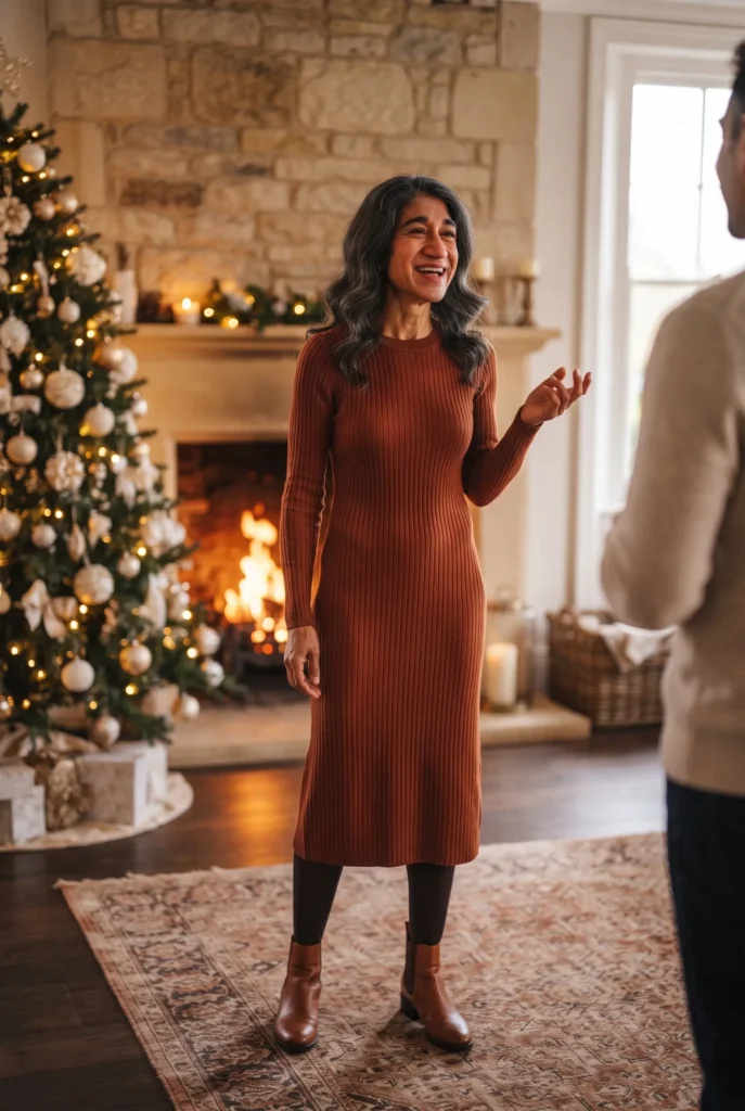 Christmas Outfits For Ladies Over 40: Best Essential Looks for Every Holiday Plan 6 Woman in a rust knit midi dress in a cozy living room
